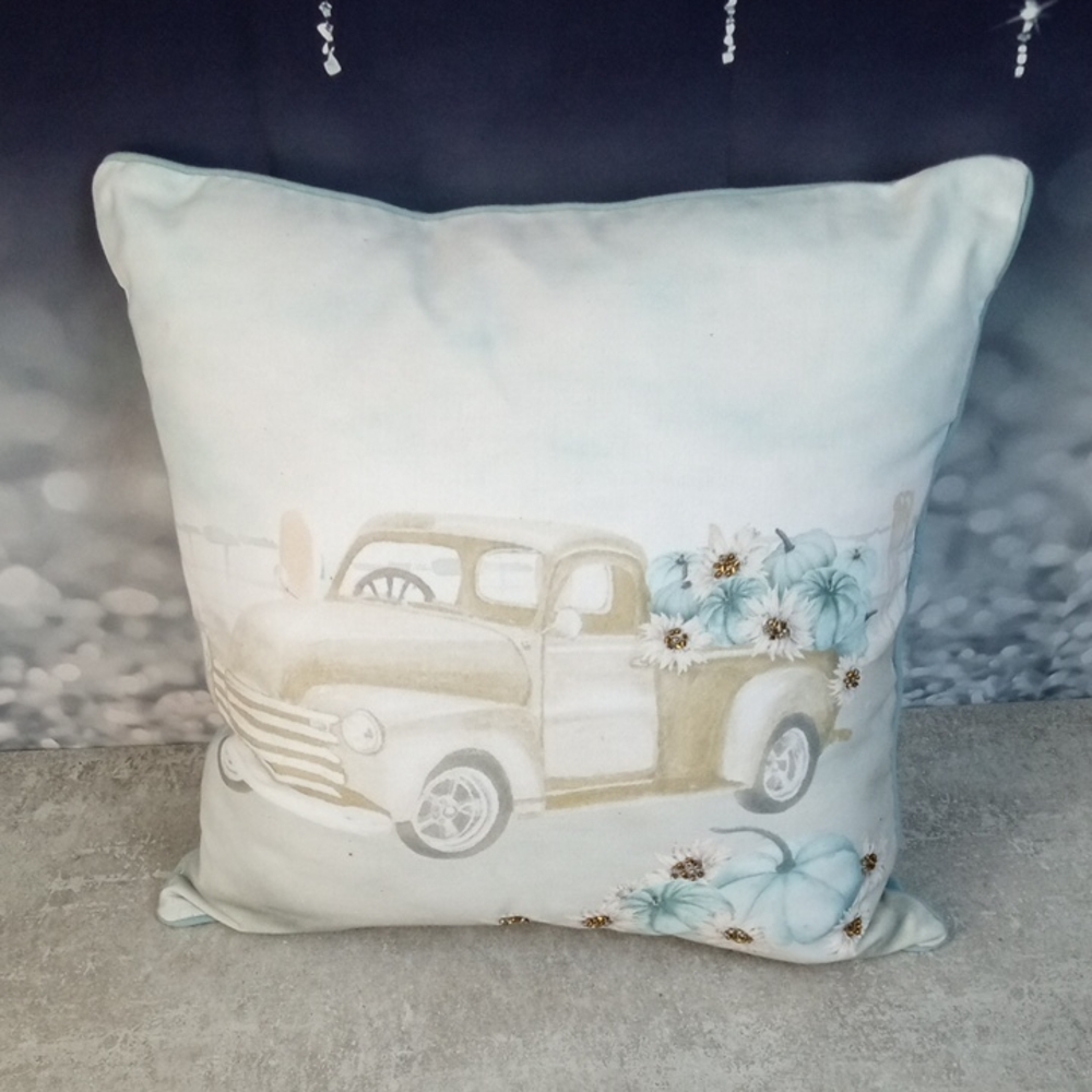 🍂 🍒 Fall Pumpkin Truck Blue Throw Pillow